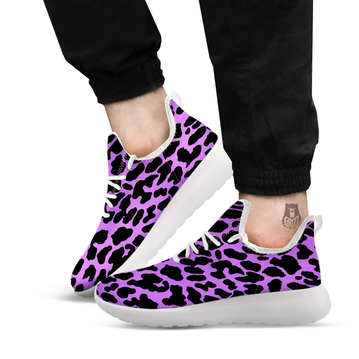 Cheetah Black And Purple Print White Athletic Shoes-grizzshop