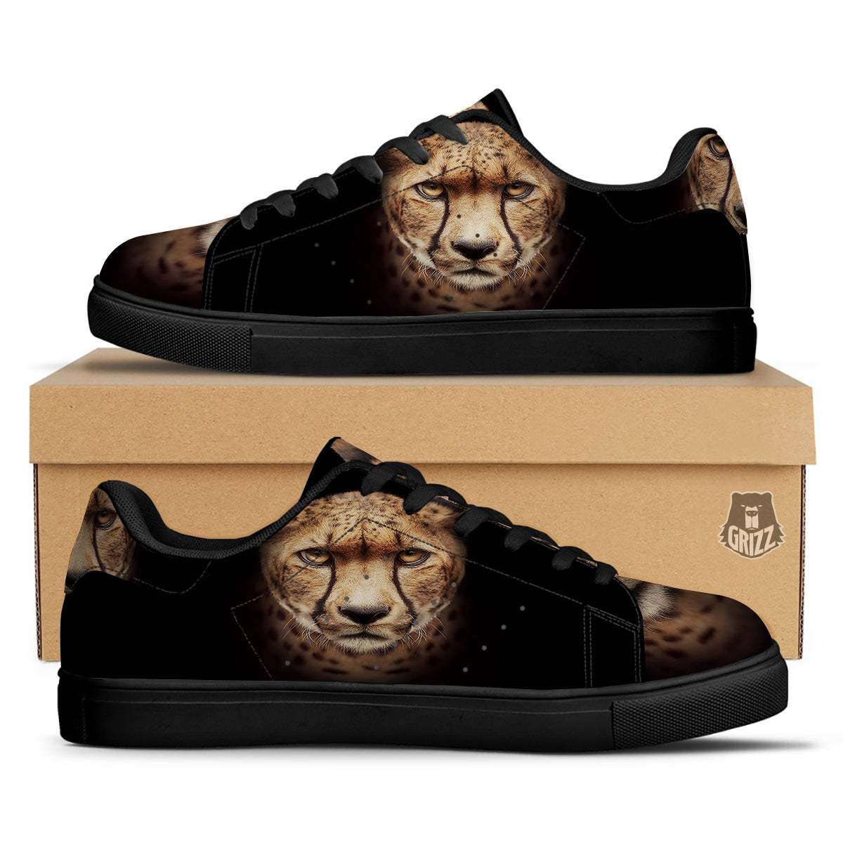 Cheetah Print Black Low Top Sneakers-grizzshop