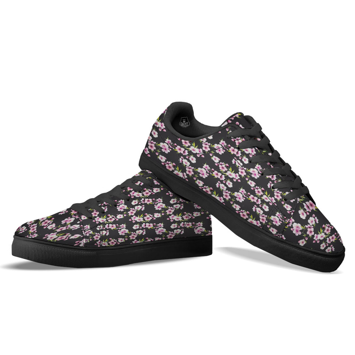 Cherry Blossom Chinese Print Pattern Black Low Top Sneakers-grizzshop