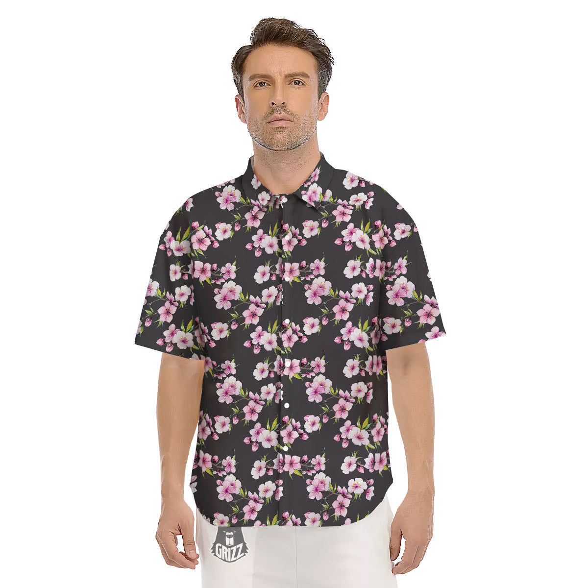 Cherry Blossom Chinese Print Pattern Men's Short Sleeve Shirts-grizzshop