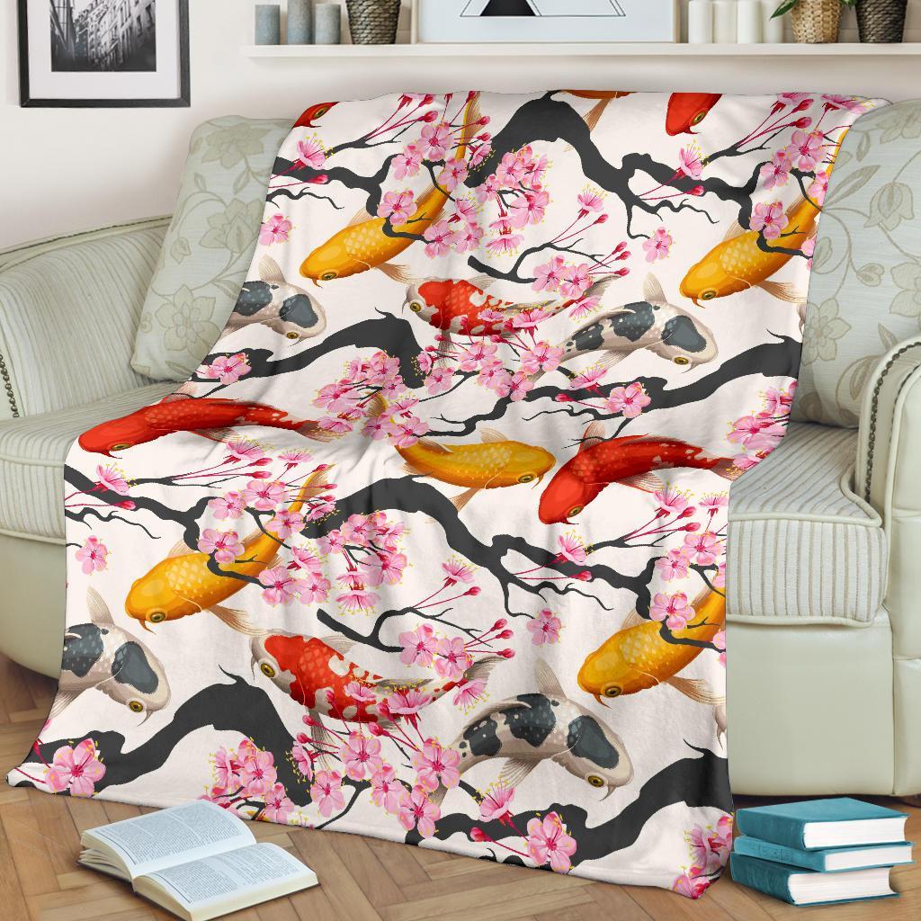 Cherry Blossom Koi Fish Pattern Print Blanket-grizzshop