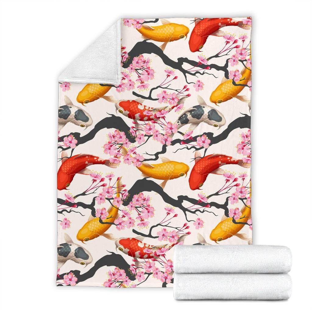 Cherry Blossom Koi Fish Pattern Print Blanket-grizzshop