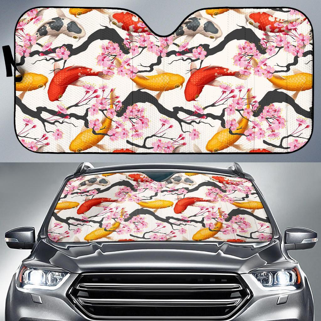 Cherry Blossom Koi Fish Pattern Print Car Sun Shade-grizzshop