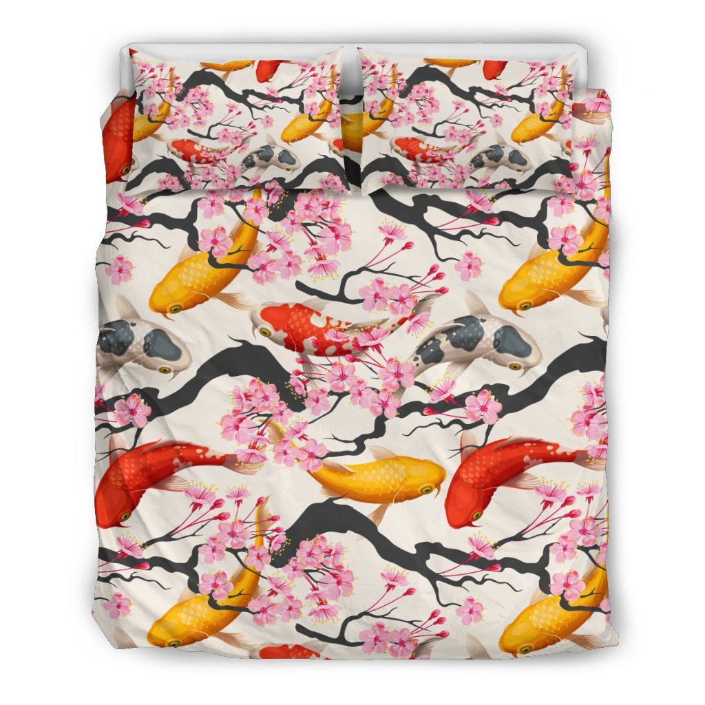 Cherry Blossom Koi Fish Pattern Print Duvet Cover Bedding Set-grizzshop