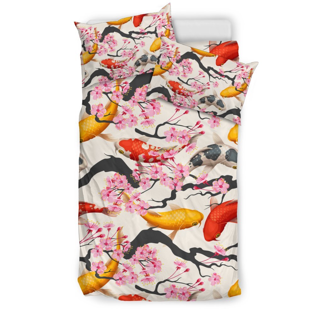 Cherry Blossom Koi Fish Pattern Print Duvet Cover Bedding Set-grizzshop