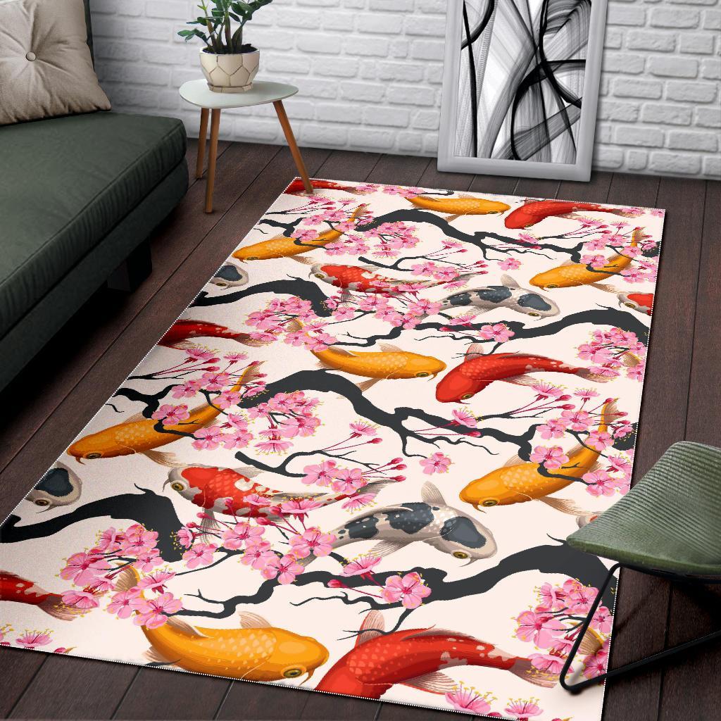 Cherry Blossom Koi Fish Pattern Print Floor Mat-grizzshop