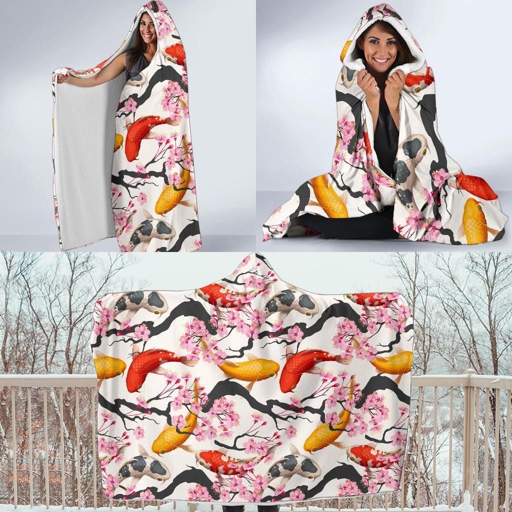 Cherry Blossom Koi Fish Pattern Print Hooded Blanket-grizzshop