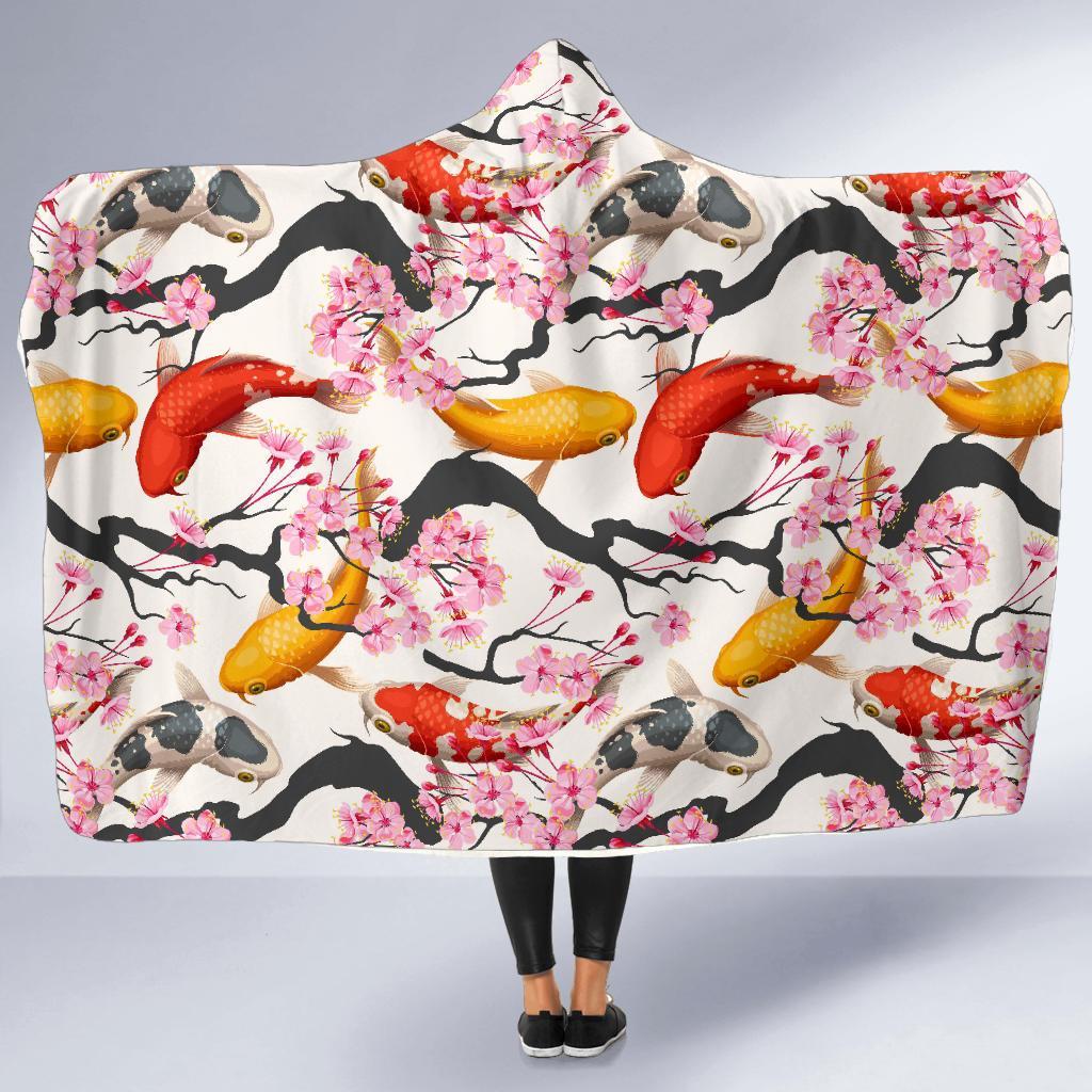 Cherry Blossom Koi Fish Pattern Print Hooded Blanket-grizzshop