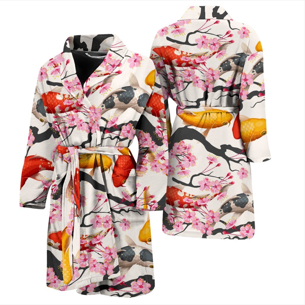 Cherry Blossom Koi Fish Pattern Print Men Long Robe-grizzshop