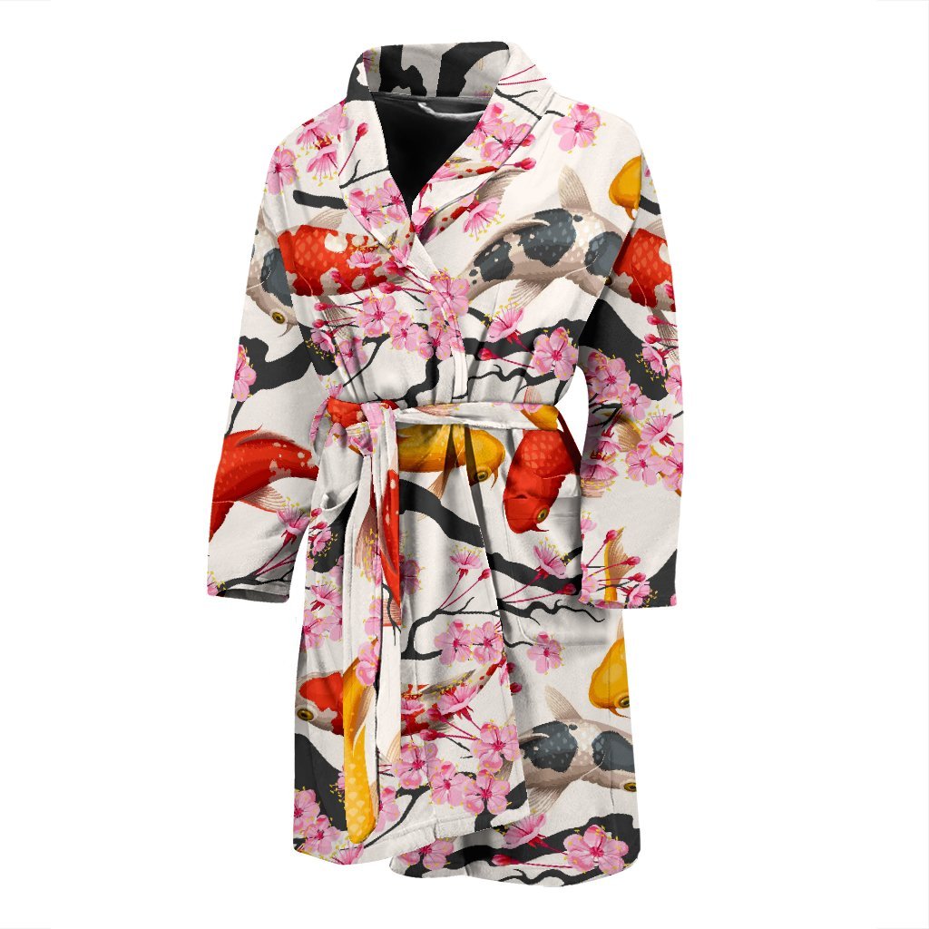 Cherry Blossom Koi Fish Pattern Print Men Long Robe-grizzshop