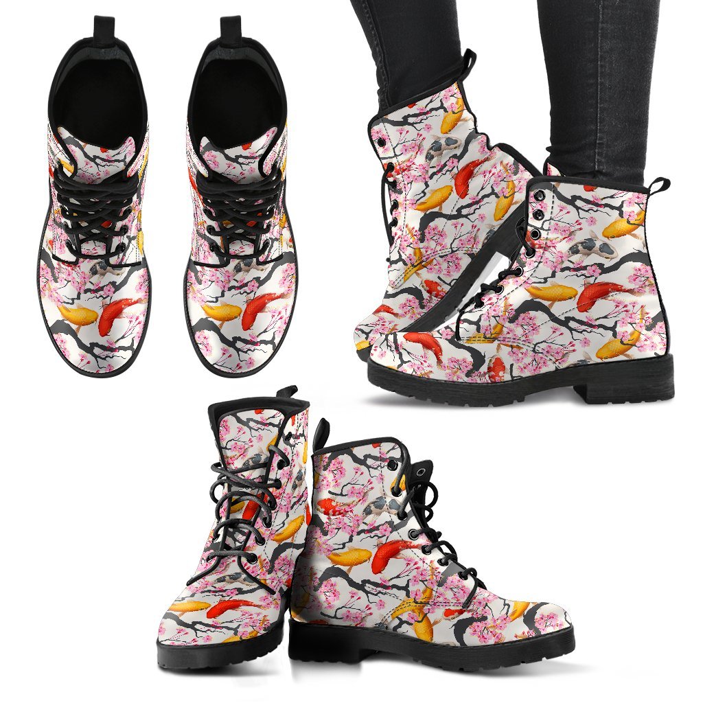 Cherry Blossom Koi Fish Pattern Print Men Women Leather Boots-grizzshop
