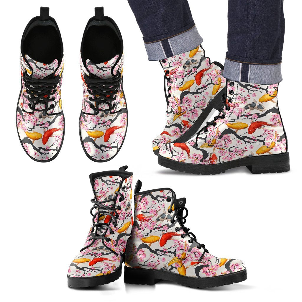 Cherry Blossom Koi Fish Pattern Print Men Women Leather Boots-grizzshop