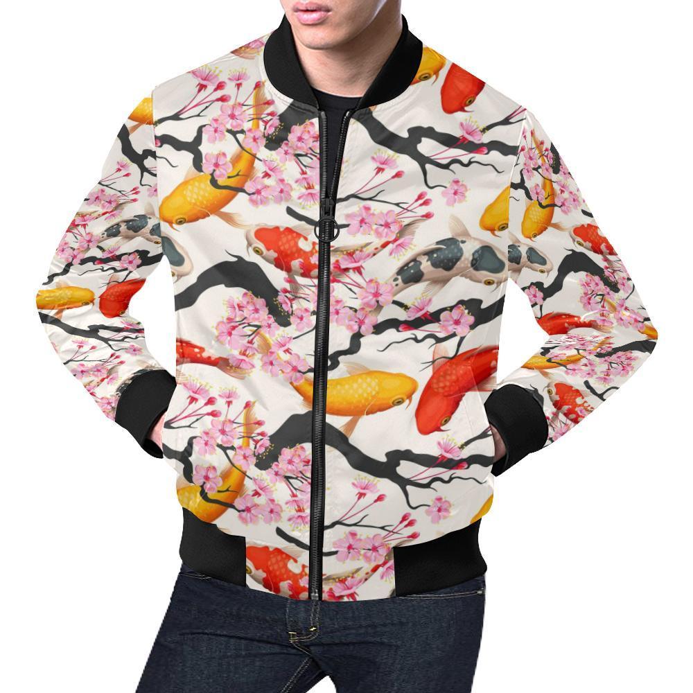 Cherry Blossom Koi Fish Pattern Print Men's Bomber Jacket-grizzshop