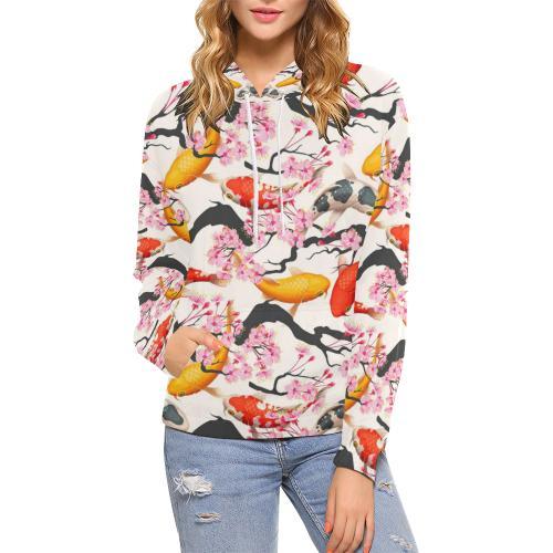 Cherry Blossom Koi Fish Pattern Print Women Pullover Hoodie-grizzshop