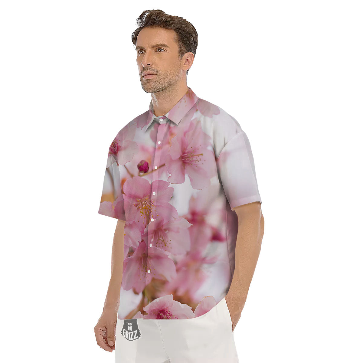 Cherry Blossom Pink Print Men's Short Sleeve Shirts-grizzshop