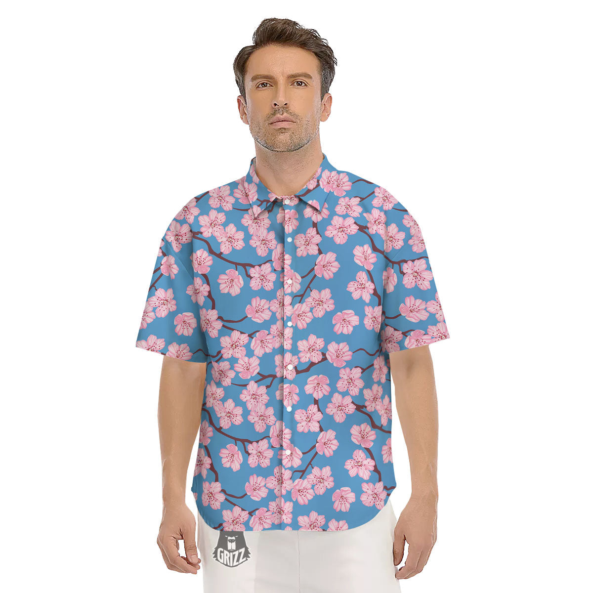 Cherry Blossom Pink Print Pattern Men's Short Sleeve Shirts-grizzshop