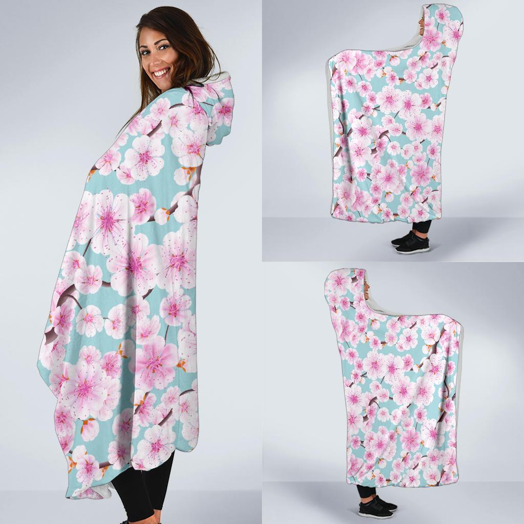 Cherry Blossom Sakura Blue Hooded Blanket-grizzshop