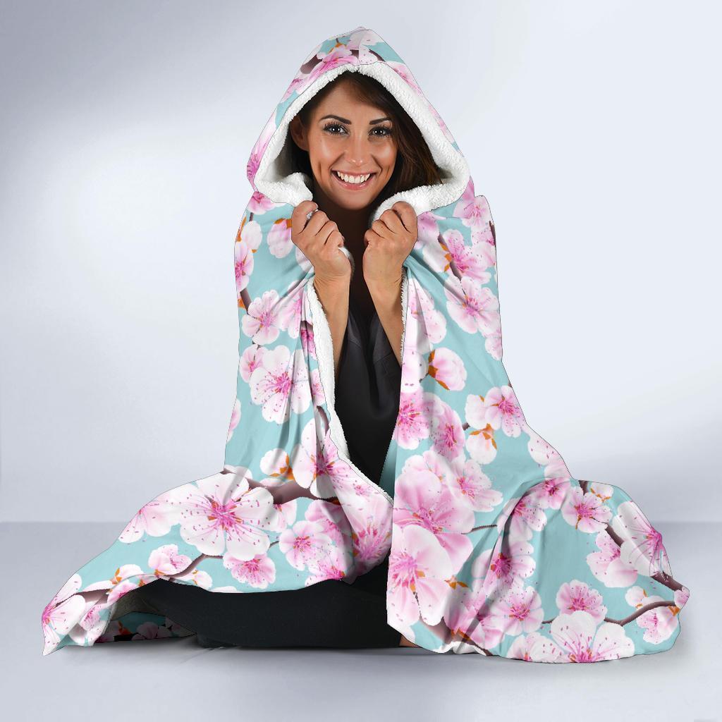 Cherry Blossom Sakura Blue Hooded Blanket-grizzshop