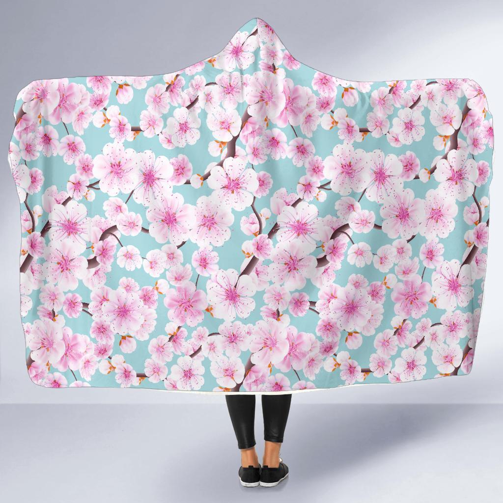 Cherry Blossom Sakura Blue Hooded Blanket-grizzshop