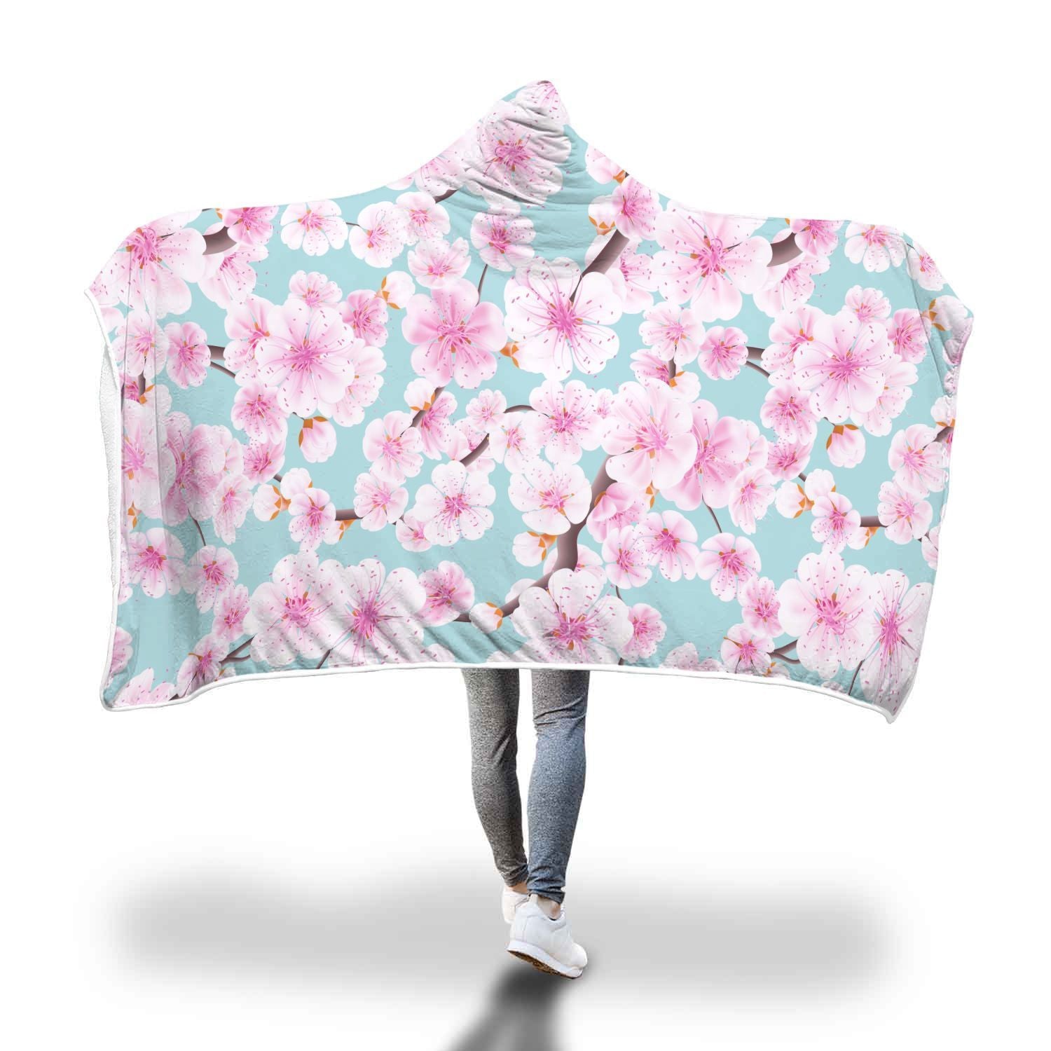 Cherry Blossom Sakura Blue Hooded Blanket-grizzshop