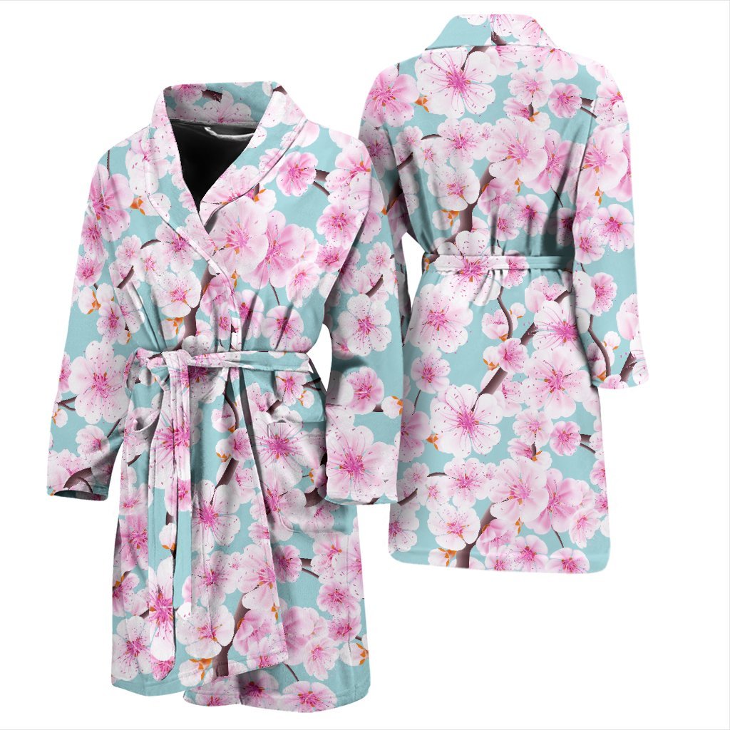 Cherry Blossom Sakura Blue Men Long Robe-grizzshop