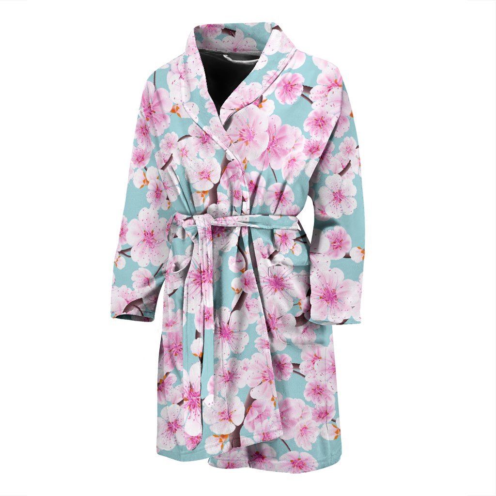 Cherry Blossom Sakura Blue Men Long Robe-grizzshop