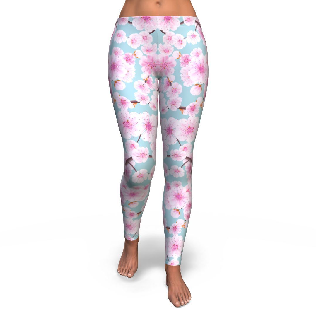 Cherry Blossom Sakura Blue Pattern Print Pattern Women Leggings-grizzshop