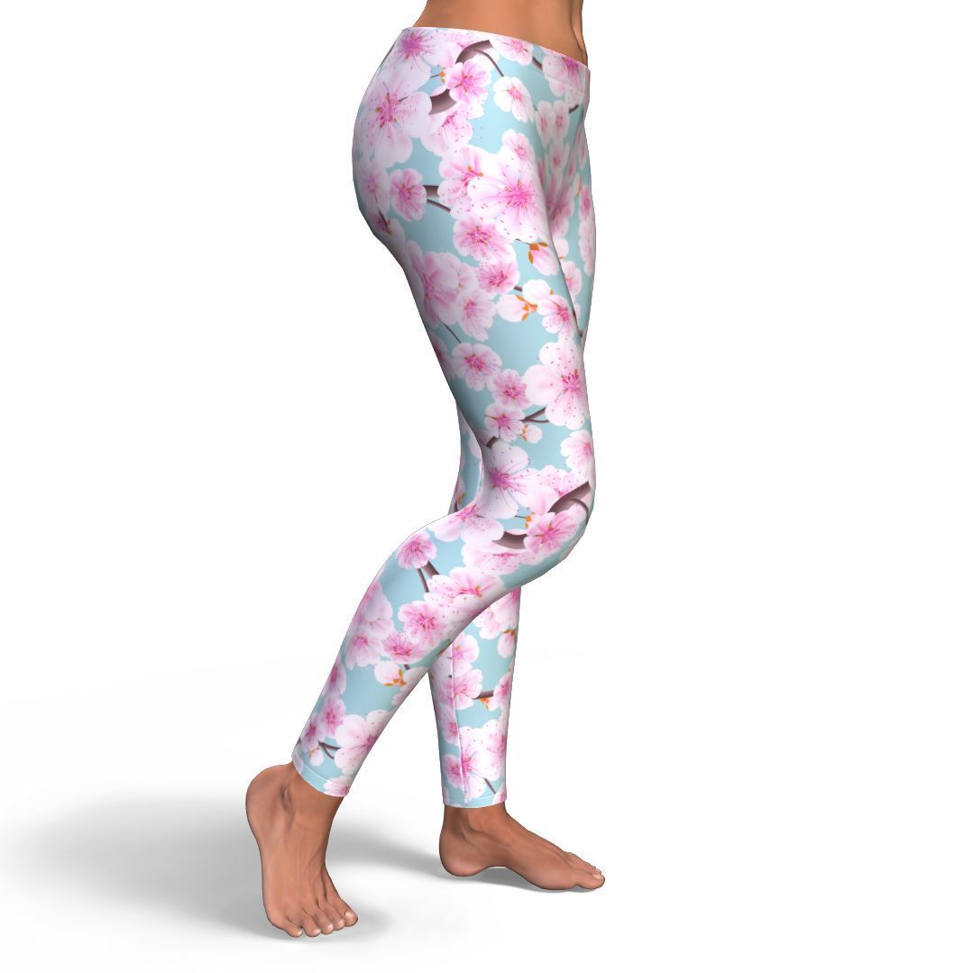 Cherry Blossom Sakura Blue Pattern Print Pattern Women Leggings-grizzshop