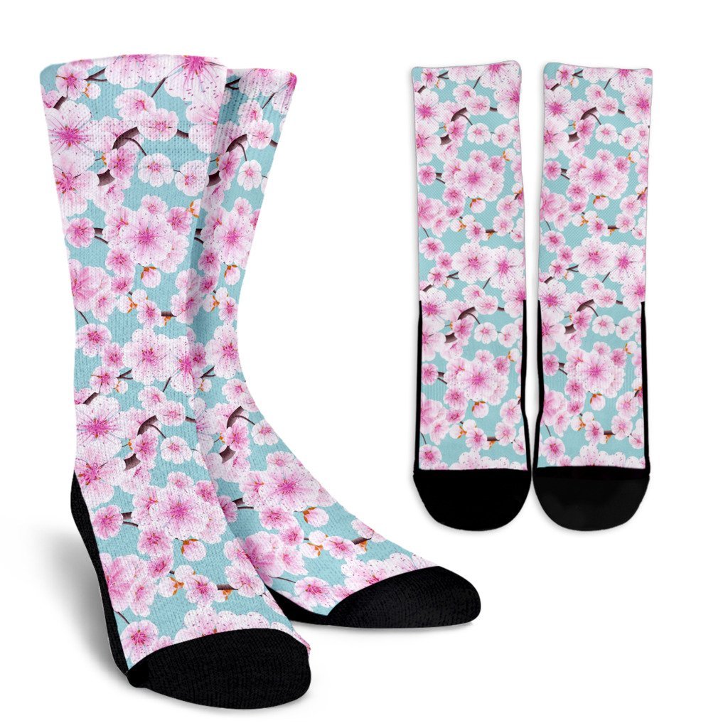 Cherry Blossom Sakura Blue Pattern Print Unisex Crew Socks-grizzshop