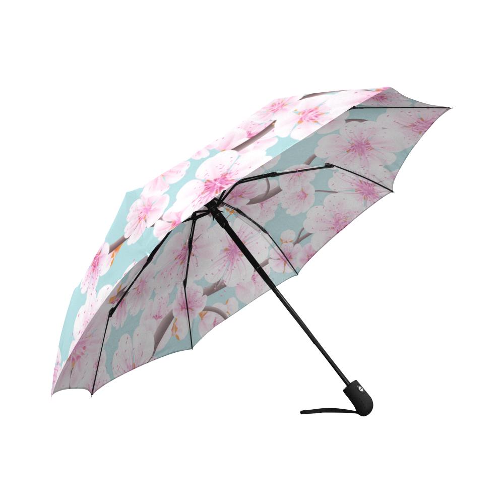 Cherry Blossom Sakura Blue Print Automatic Foldable Umbrella-grizzshop