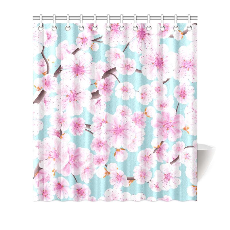 Cherry Blossom Sakura Blue Print Bathroom Shower Curtain-grizzshop