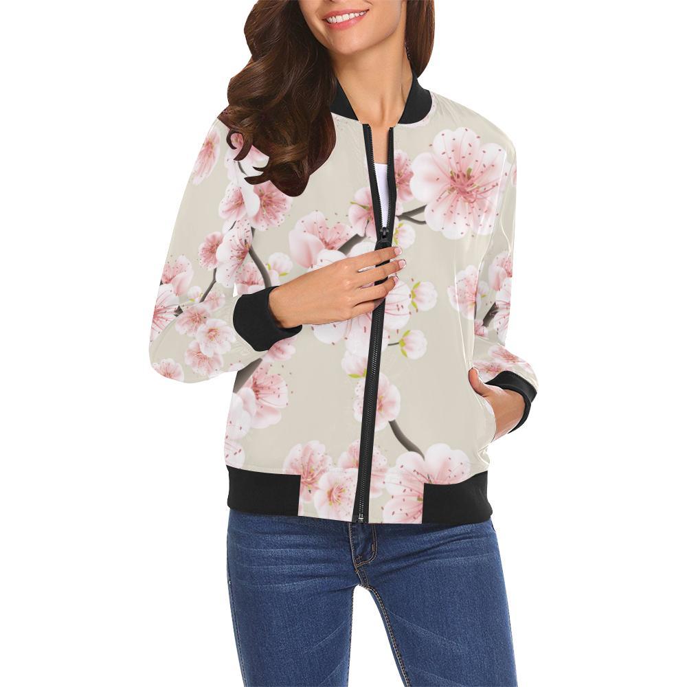 Cherry Blossom Sakura Print Women Casual Bomber Jacket-grizzshop