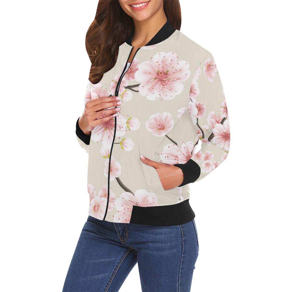Cherry Blossom Sakura Print Women Casual Bomber Jacket-grizzshop