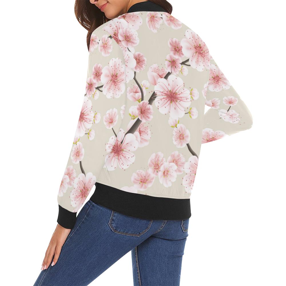 Cherry Blossom Sakura Print Women Casual Bomber Jacket-grizzshop