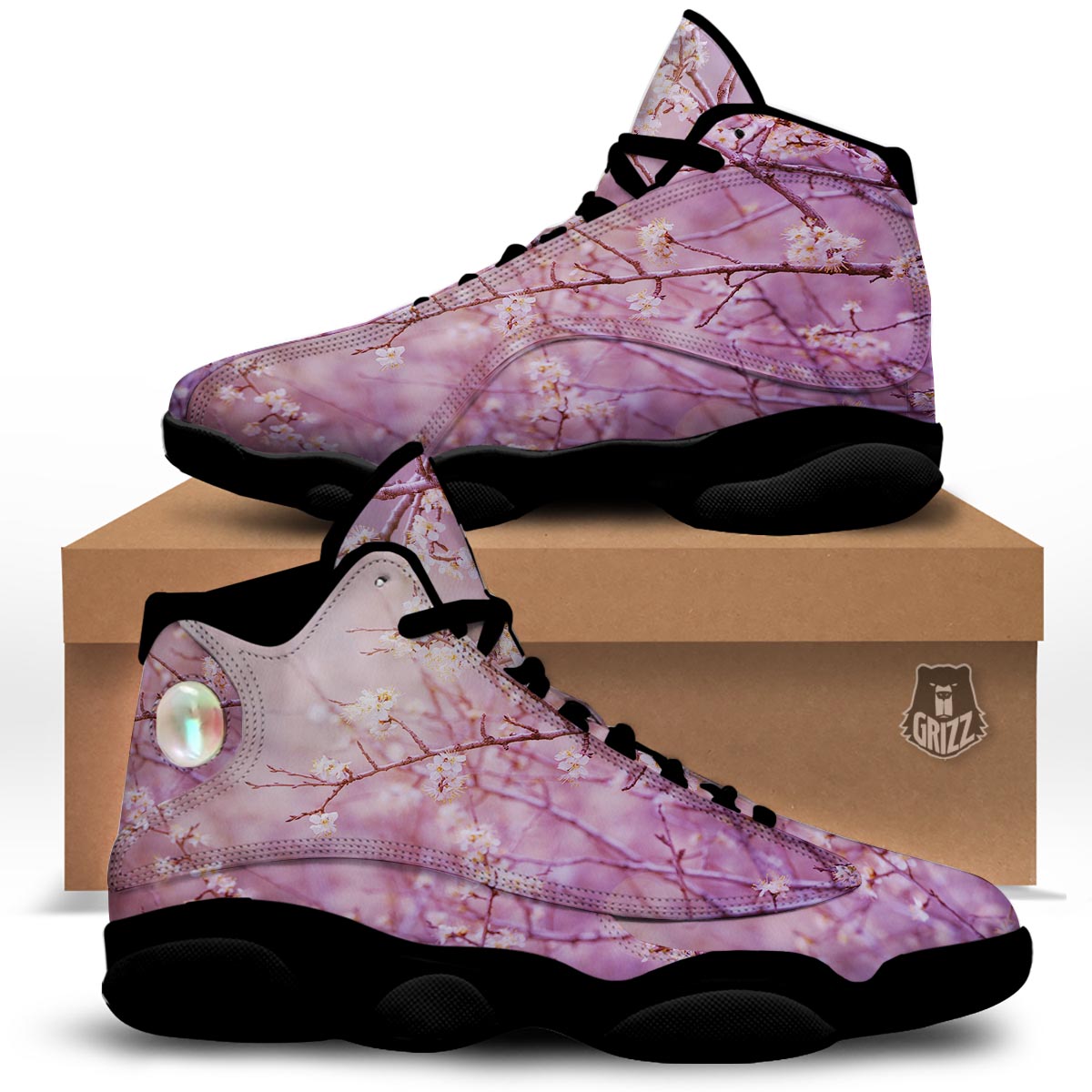 Cherry Blossom Sunrise Japanese Print Black Basketball Shoes-grizzshop