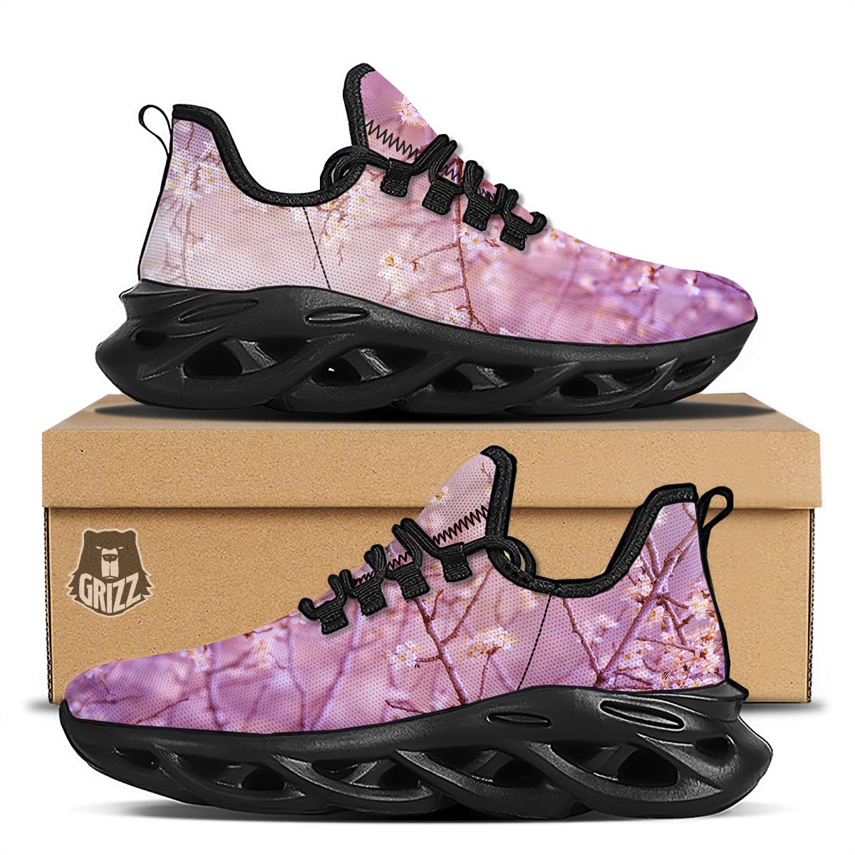 Cherry Blossom Sunrise Japanese Print Black Running Shoes-grizzshop