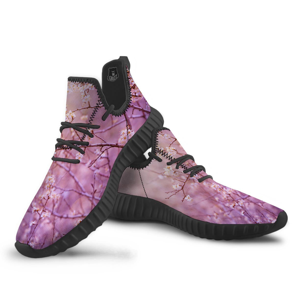 Cherry Blossom Sunrise Japanese Print Black Walking Shoes-grizzshop