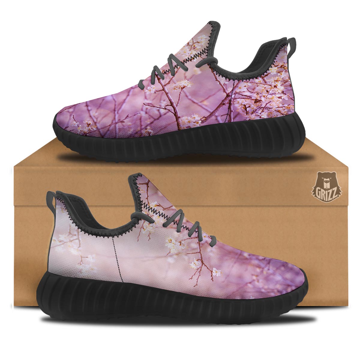 Cherry Blossom Sunrise Japanese Print Black Walking Shoes-grizzshop