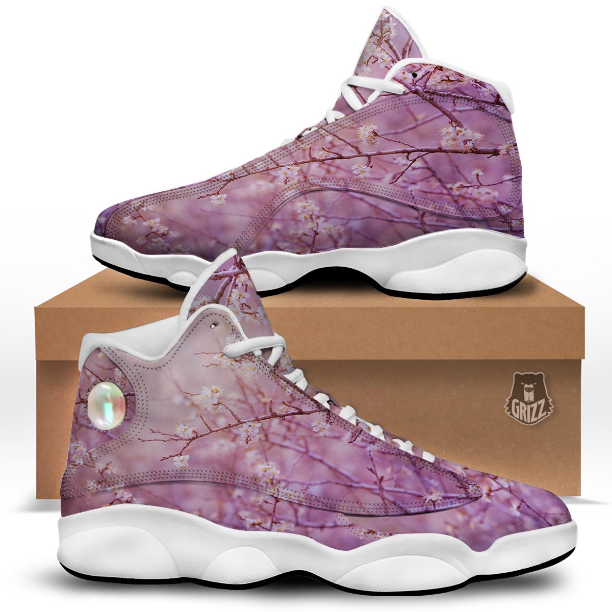 Cherry Blossom Sunrise Japanese Print White Basketball Shoes-grizzshop