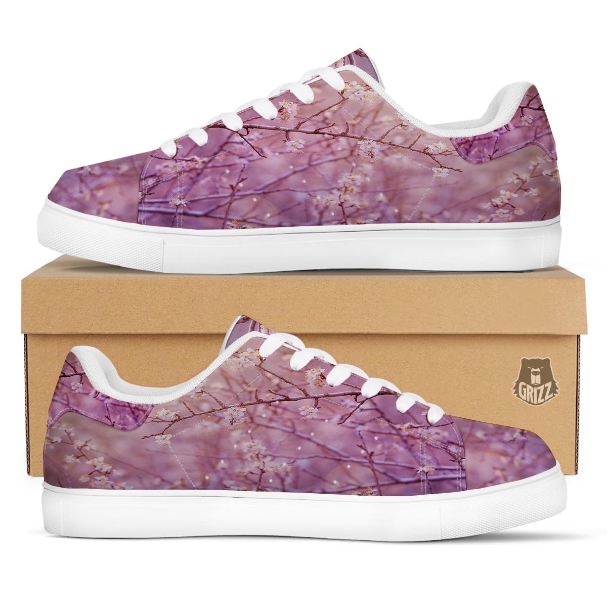 Cherry Blossom Sunrise Japanese Print White Low Top Sneakers-grizzshop