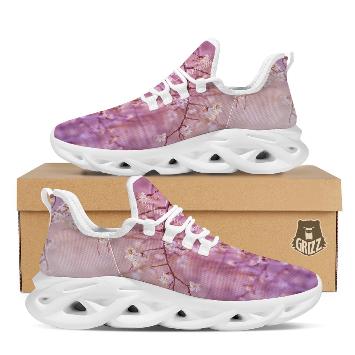 Cherry Blossom Sunrise Japanese Print White Running Shoes-grizzshop
