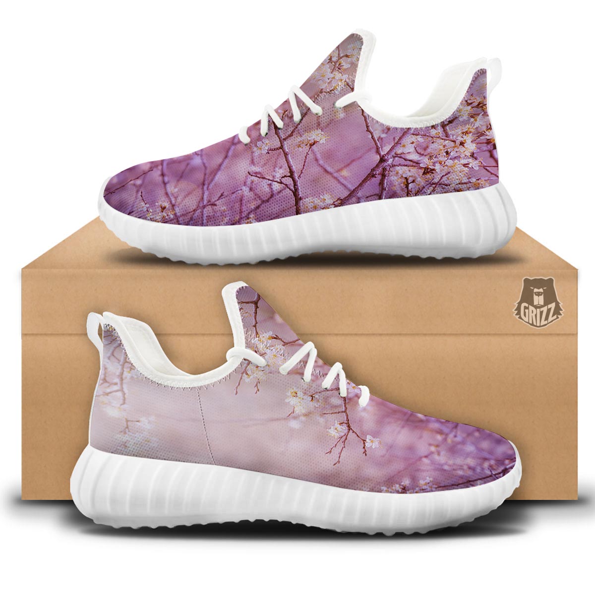 Cherry Blossom Sunrise Japanese Print White Walking Shoes-grizzshop