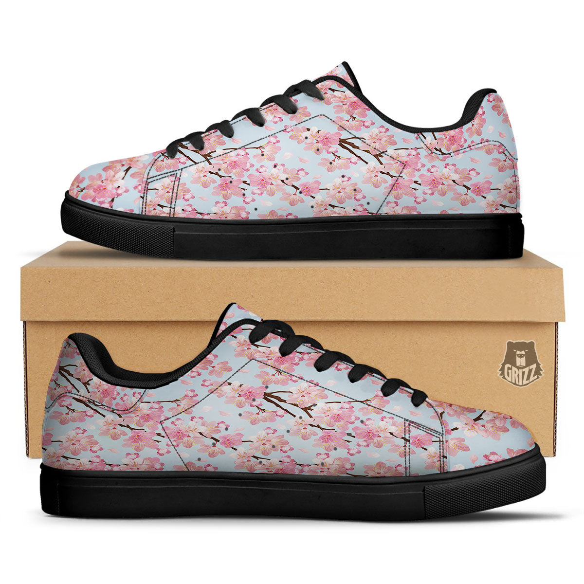 Cherry Blossom Tree Japanese Print Pattern Black Low Top Sneakers-grizzshop