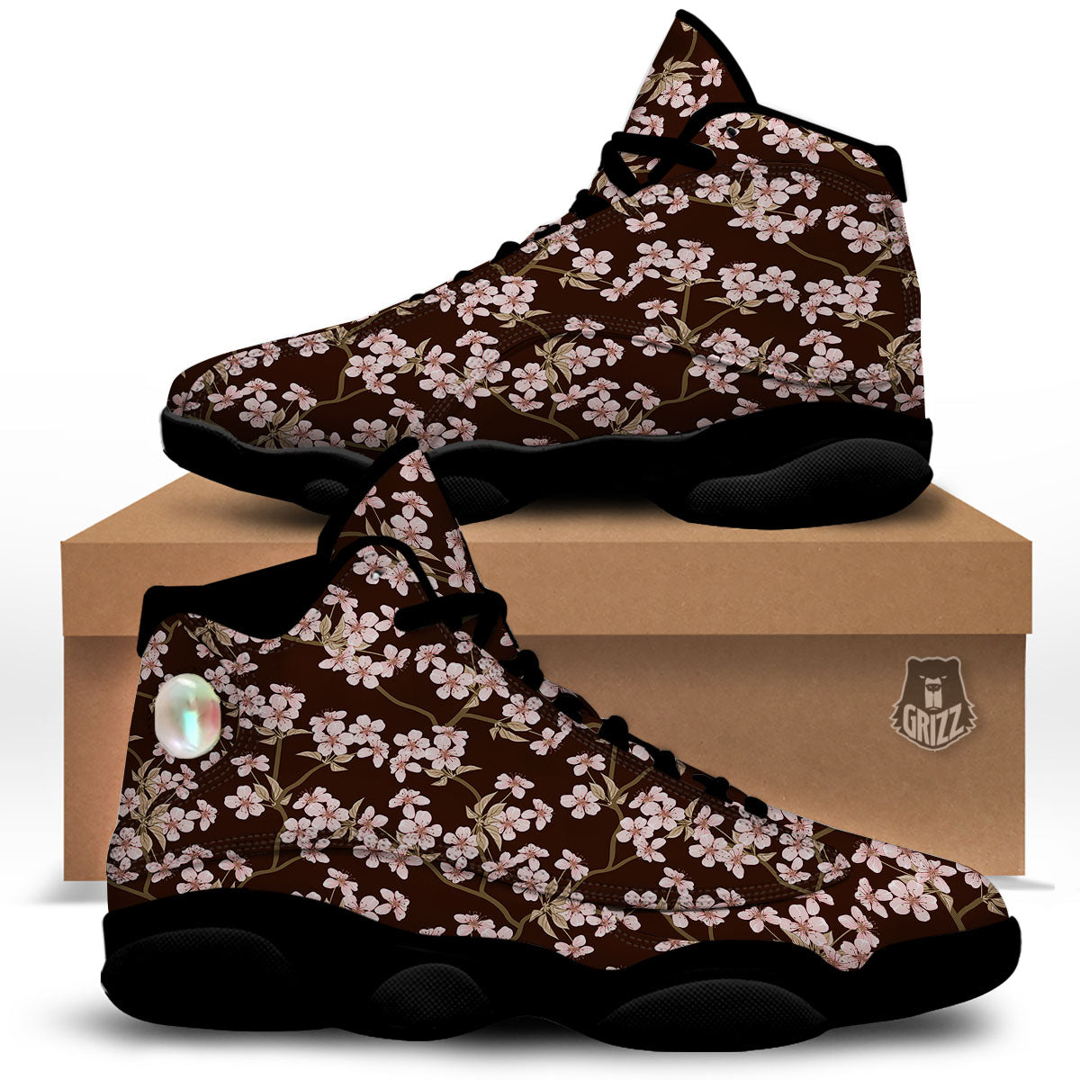 Cherry Blossom Vintage Print Pattern Black Basketball Shoes-grizzshop