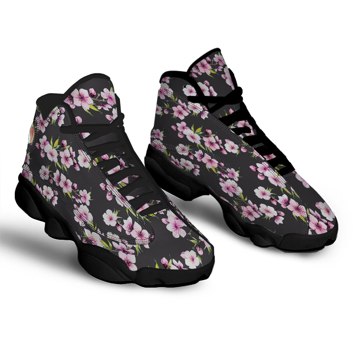 Cherry Blossom Watercolor Print Pattern Black Basketball Shoes-grizzshop