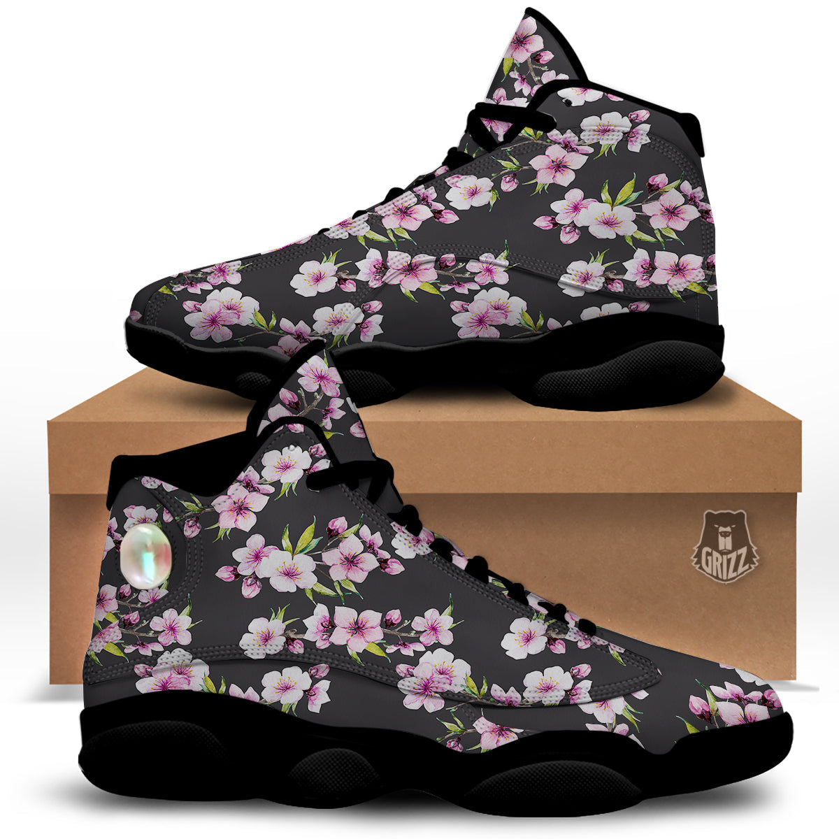 Cherry Blossom Watercolor Print Pattern Black Basketball Shoes-grizzshop