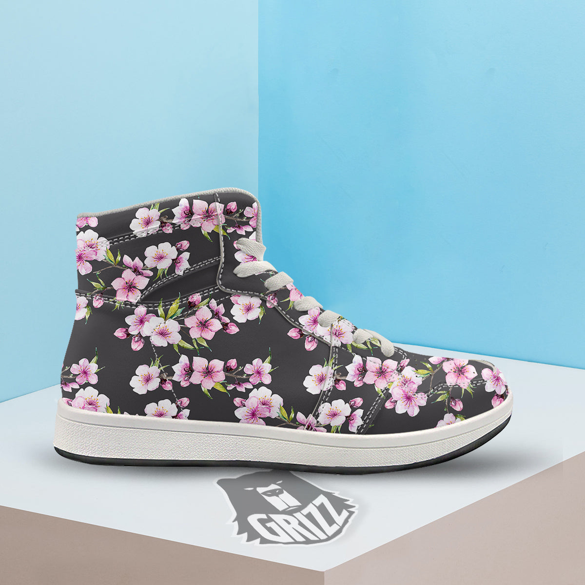 Cherry Blossom Watercolor Print Pattern High Top Sneakers-grizzshop
