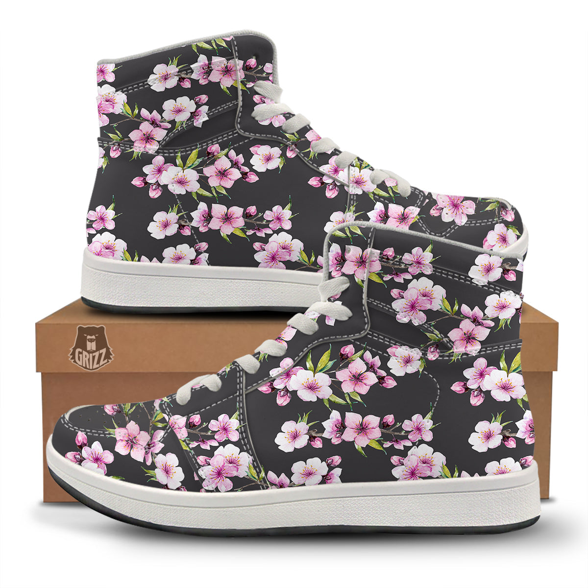 Cherry Blossom Watercolor Print Pattern High Top Sneakers-grizzshop