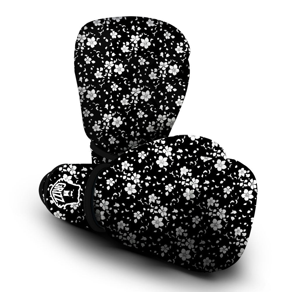 Cherry Blossom White And Black Print Boxing Gloves-grizzshop
