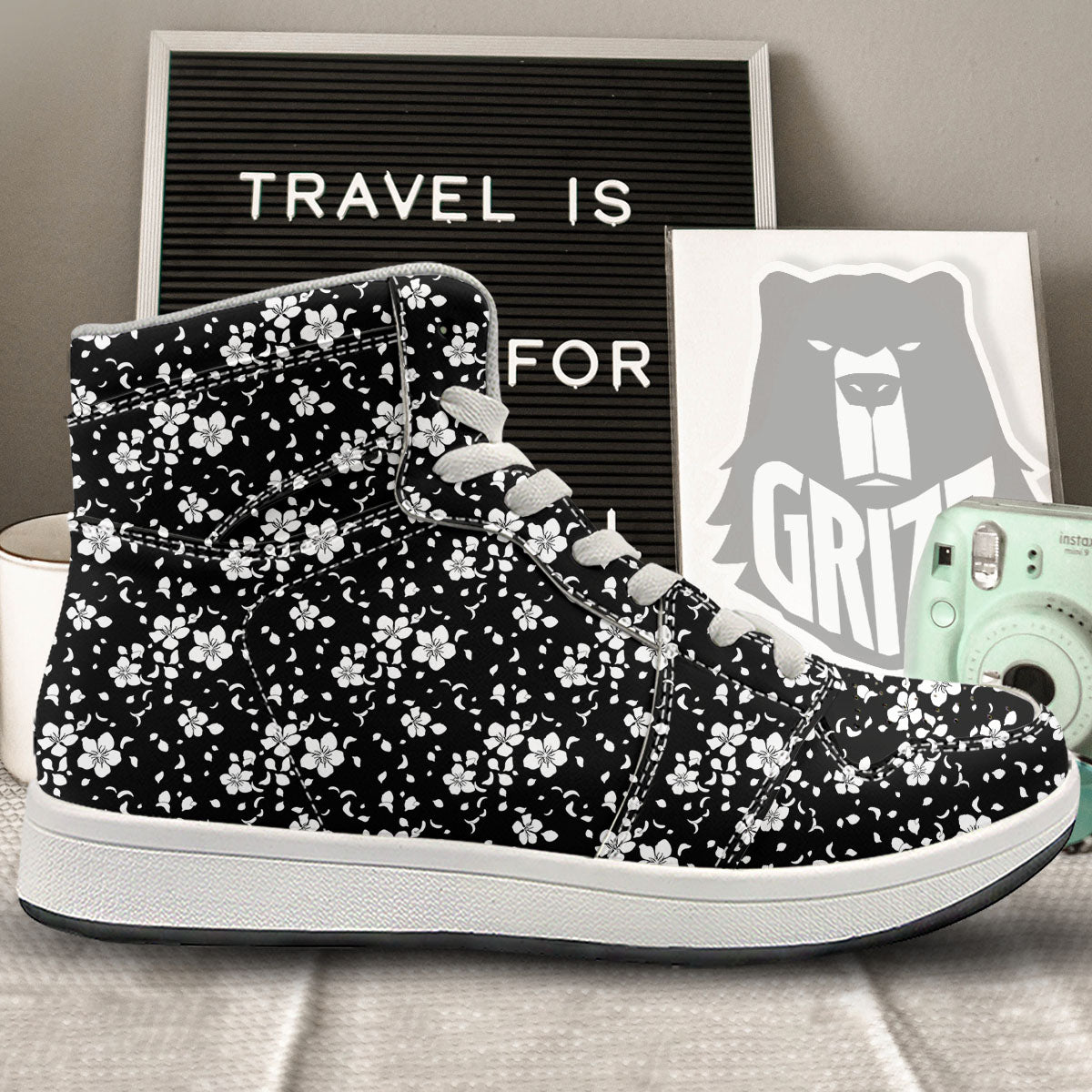 Cherry Blossom White And Black Print High Top Sneakers-grizzshop